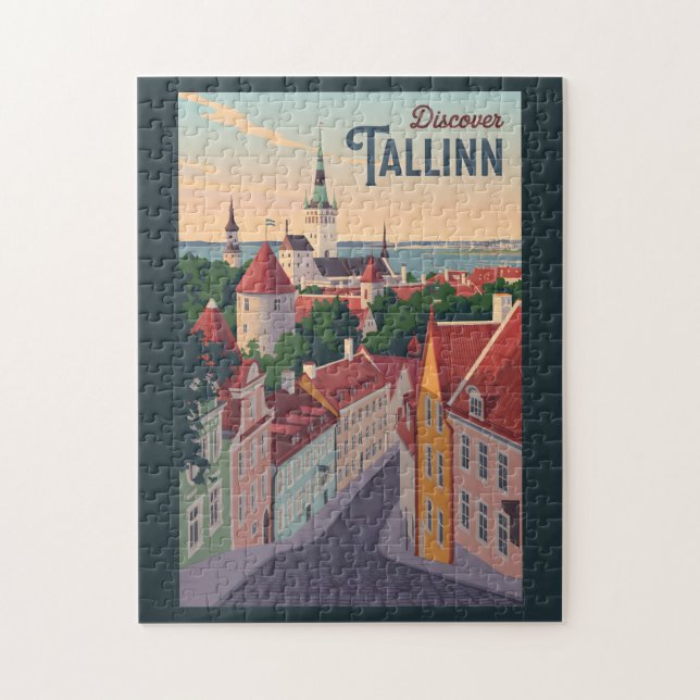 Quebra-cabeça Tallinn Estônia Ilustração Viagem Art Vintage (Vertical)