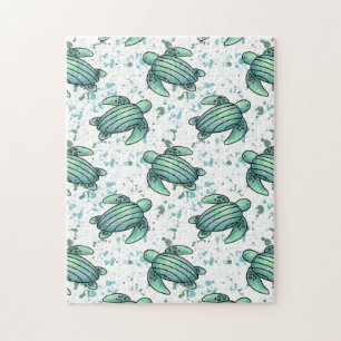 Quebra-cabeça tartaruga marinha padrão verde azul aquarela anima