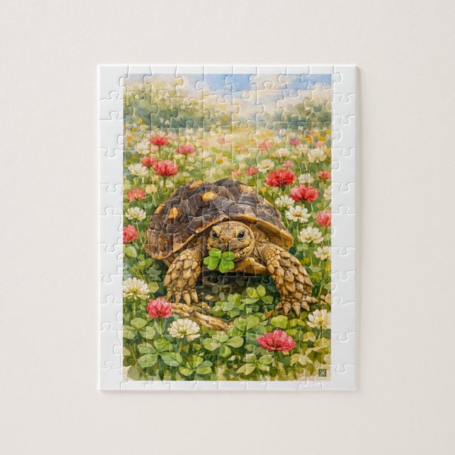 Quebra-cabeça Tartaruga Sulcata em aquarela com trevo da sorte (Vertical)