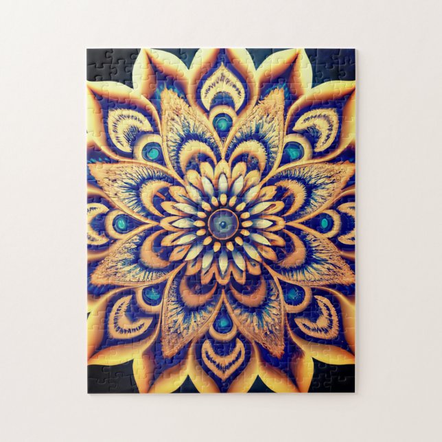 Quebra-cabeça Teal Blue Dourado Floral Pintado Mandala (Vertical)