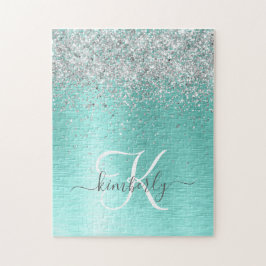 Quebra-cabeça Teal Brugado Metal Silver Glitter Nome Monograma