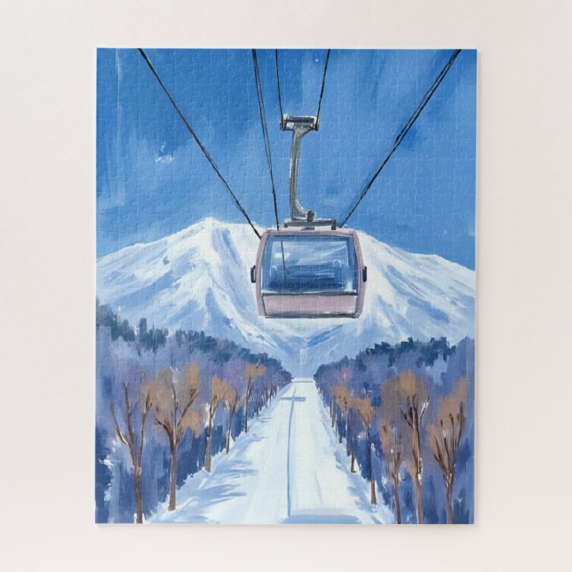 Quebra-cabeça Teleférico de Esqui Montanha de Neve Aquarela (Vertical)