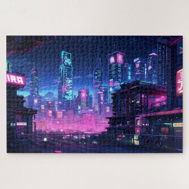 Quebra-cabeça Telhado da Cidade Noturna Cyberpunk (Horizontal)