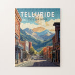 Quebra-cabeça Telluride Colorado Viagem Art Vintage<br><div class="desc">Design de viagem de vetor de telureto em um estilo emblem. Telluride,  uma antiga cidade de mineração vitoriana nas Montanhas Rochosas do Colorado,  é colocada num caixão em meio a picos florestais na base de um popular resort de esqui e golfe.</div>