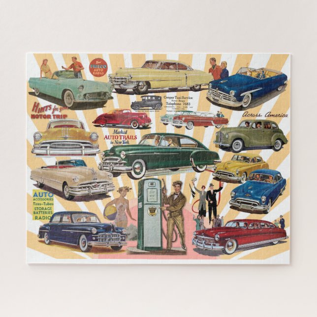 QUEBRA-CABEÇA TEMA DE COLAGEM DE AUTOMÓVEIS ANTIGOS (Horizontal)