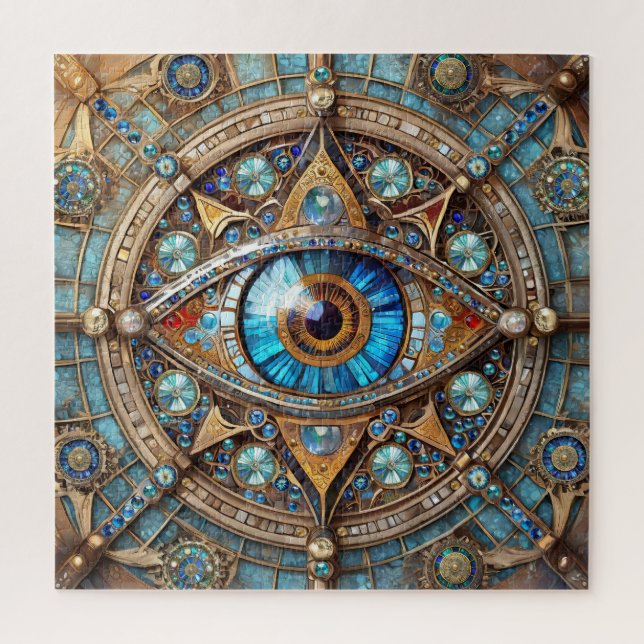 Quebra-cabeça Terceiro Olho - Mandala Dourada Turquesa Azul (Vertical)