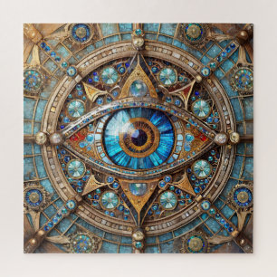 Quebra-cabeça Terceiro Olho - Turquesa Blue Dourado Mandala
