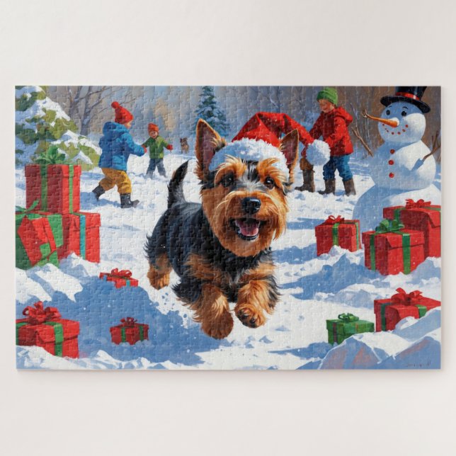 Quebra-cabeça Terrier Escocês Correndo na Neve com Chapéu de Nat (Horizontal)