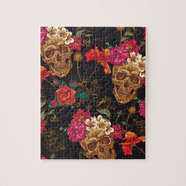 Quebra-cabeça Teste padrão do Dia das Bruxas, crânios, rosas, (Vertical)