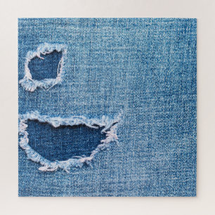 Quebra-cabeça Textura do tecido denim rasgada, matizes azuis.