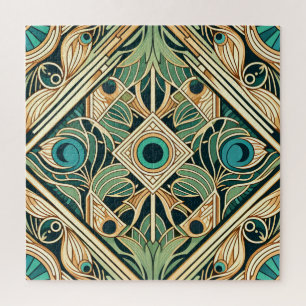 Quebra-cabeça Textura Dourada e verde de penas abstrato de pavão