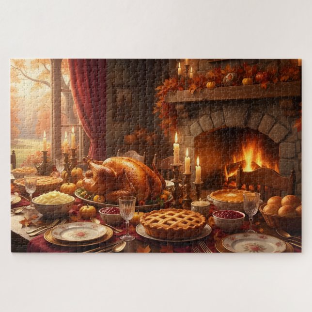 Quebra-cabeça Thanksgiving Feast Turkey, Pies & Fireplace Glow (Horizontal)
