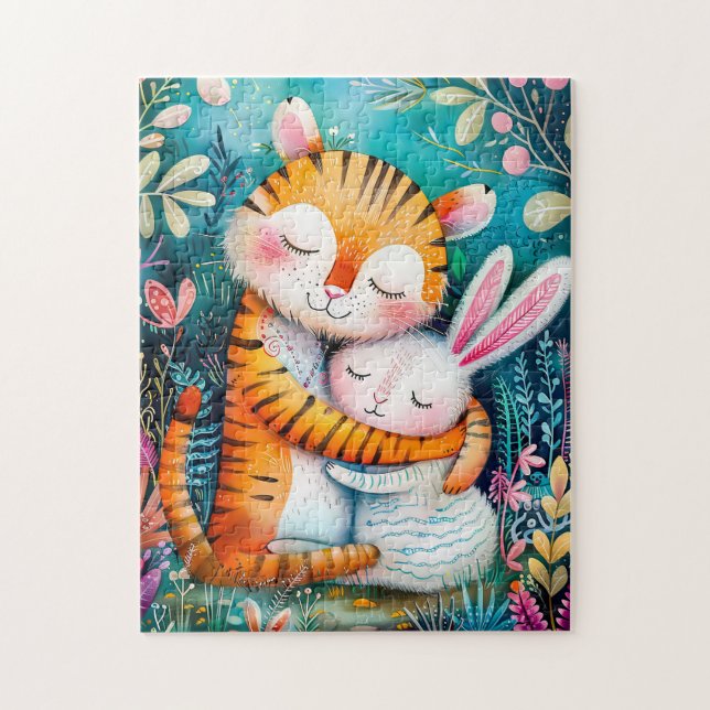 Quebra-cabeça Tiger and Rabbit Embrace on in night time at fores (Vertical)