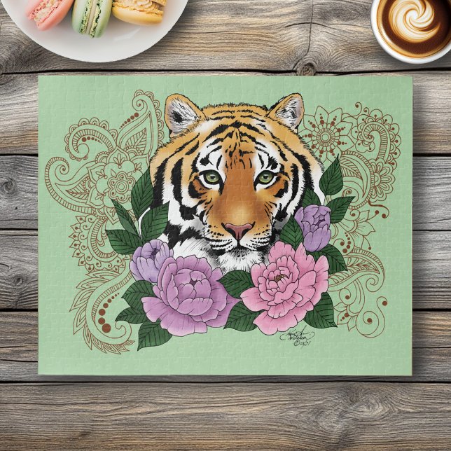 Quebra-cabeça Tiger Henna Flores Púrpuras Rosa (Criador carregado)
