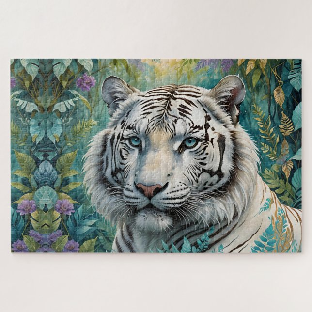 Quebra-cabeça Tigre Branco em uma Selva Azul Verde (Horizontal)