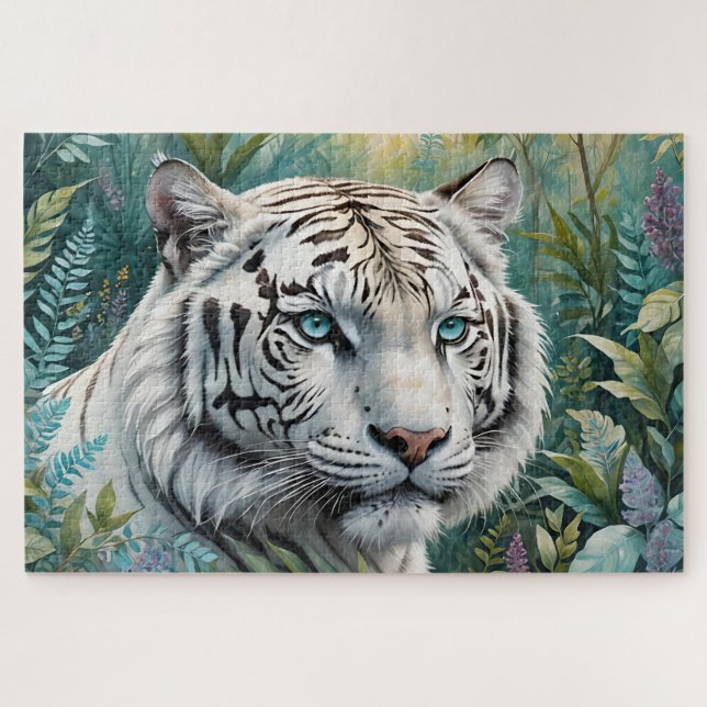 Quebra-cabeça Tigre branco numa selva verde azul (Horizontal)