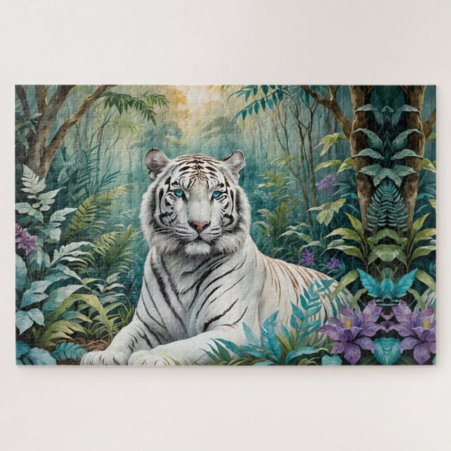 Quebra-cabeça Tigre branco numa selva verde azul (Horizontal)