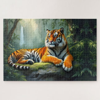 Quebra-cabeça Tigre descansando na selva com cachoeira