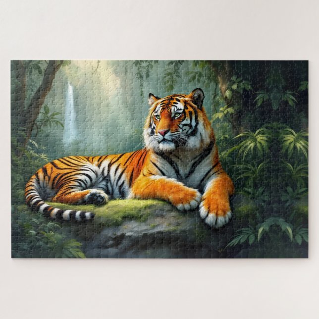 Quebra-cabeça Tigre descansando na selva com cachoeira (Horizontal)