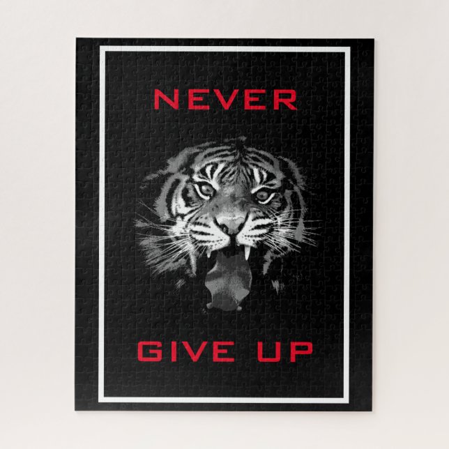 Quebra-cabeça Tigre Preto e Branco Nunca Desiste De Motivação (Vertical)