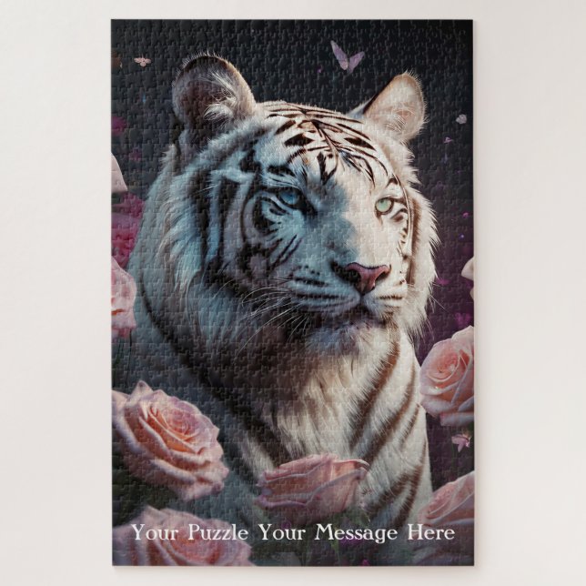 Quebra-cabeça Tigre sentado em um jardim de rosas rosa (Vertical)