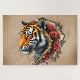 Quebra-cabeça Tigre Steampunk com Ilustração de Rosas.