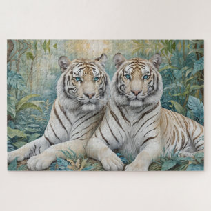 Quebra-cabeça Tigres de Ouro pálidos numa selva verde azul