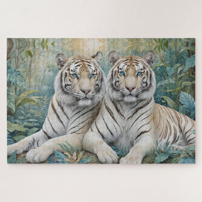 Quebra-cabeça Tigres de Ouro pálidos numa selva verde azul (Horizontal)