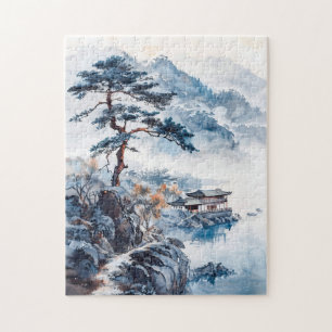 Quebra-cabeça Tinta aquarela de paisagem chinesa em um lago