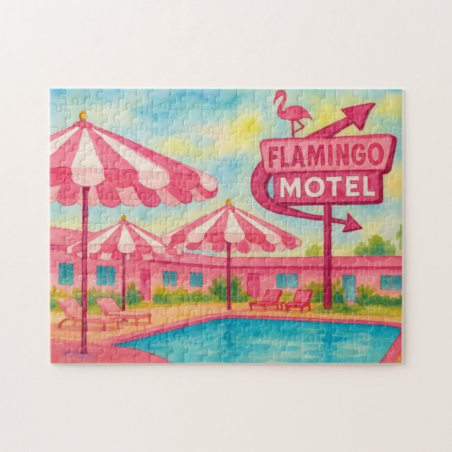 Quebra-cabeça Tinta Flamingo Piscina Hotel Beach Summer Vibes (Horizontal)