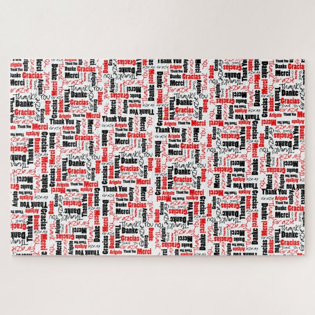 Quebra-cabeça Tipografia Multilingue Obrigado Preto Vermelho (Horizontal)