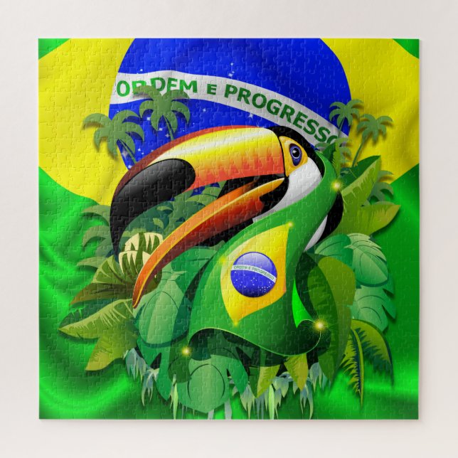 Quebra-cabeça Toco Toucan com bandeira do Brasil (Vertical)