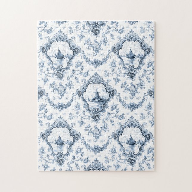 Quebra-cabeça Torno Floral com Gravação, com Moinho e Barcos-Azu (Vertical)