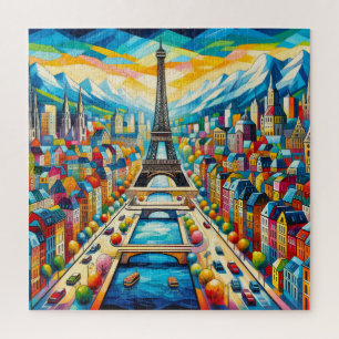 Quebra-cabeça Torre Eiffel e pintura de edifícios coloridos