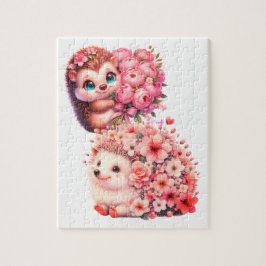 Quebra-cabeça Tow cuteRomantic Floral Hedgehog Duo Illustration