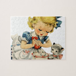 Quebra-cabeça Trabalhos de arte retros do gato do bolo da menina