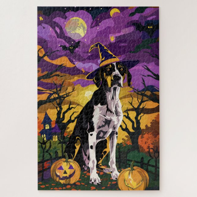 Quebra-cabeça Treeing Walker Coonhound Halloween Bruxa Abóbora (Vertical)