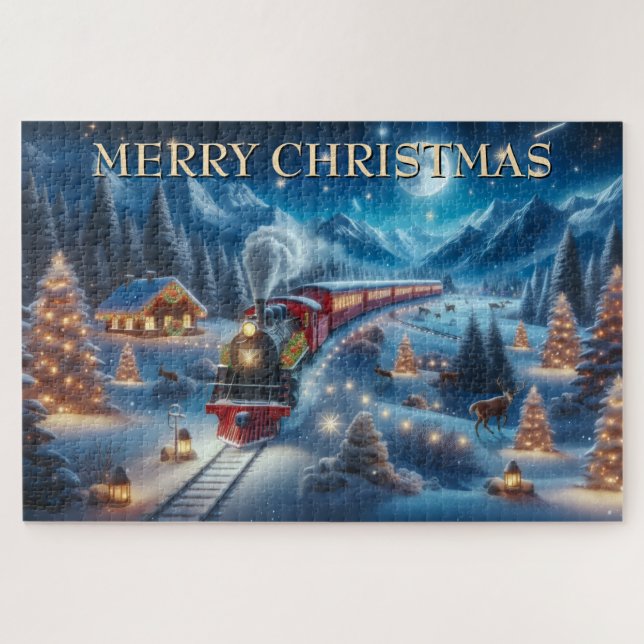 Quebra-cabeça trem de natal,aldeia nevada,reflexo do rio,dez (Horizontal)