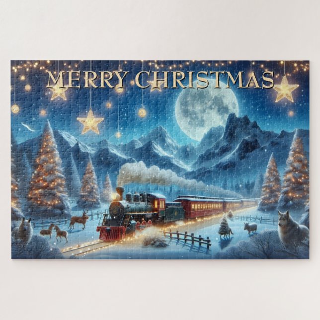 Quebra-cabeça Trem de Natal ao Luar com Animais da Floresta (Horizontal)