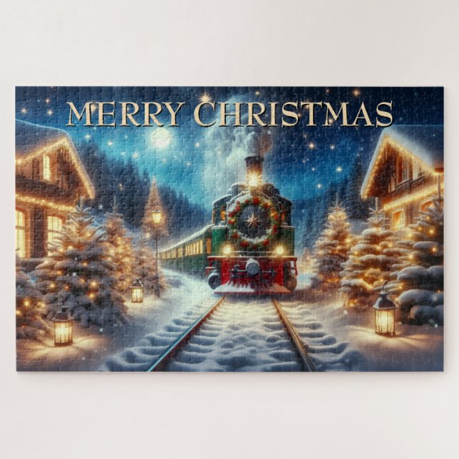Quebra-cabeça Trem de Natal Verde em Vila Nevada (Horizontal)