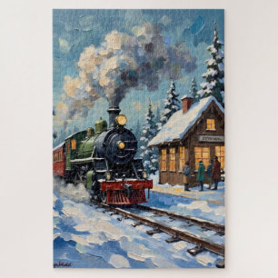 Quebra-cabeça Trem de vapor de Natal vintage na estação nevada