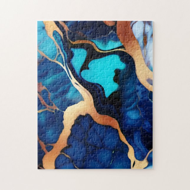 Quebra-cabeça Trendy Blue Dourado mármore azul amarelo (Vertical)