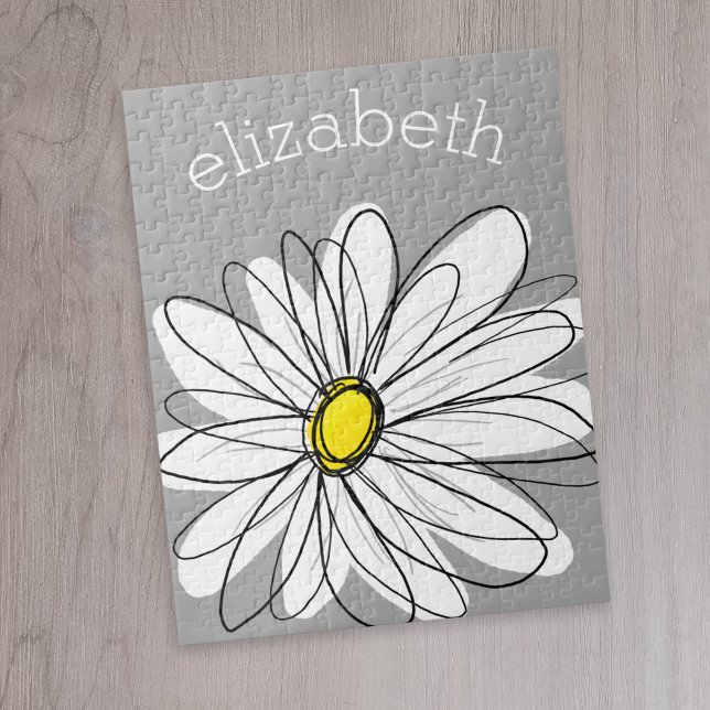 Quebra-cabeça Trendy Daisy com cinza e amarelo (Cute whimsical daisy personalized puzzle)