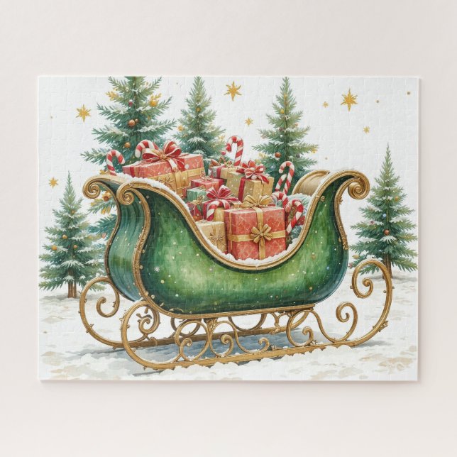 Quebra-cabeça Trenó de Natal em Aquarela Vintage (Horizontal)