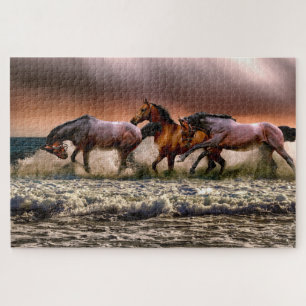 Quebra-cabeça Três Belos Cavalos Marrom em Pintura Oceânica