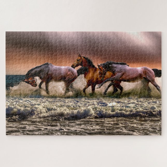 Quebra-cabeça Três Belos Cavalos Marrom em Pintura Oceânica (Horizontal)