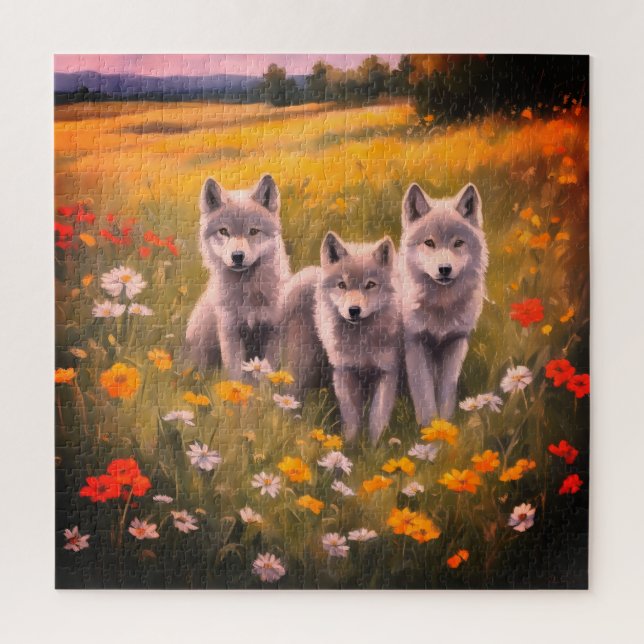 Quebra-cabeça Três filhotes de lobo cinzento (Vertical)