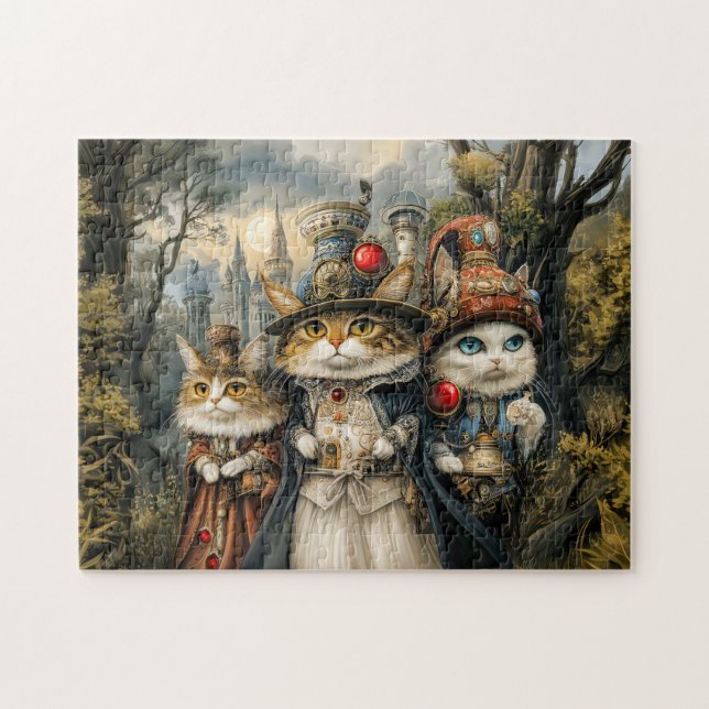 Quebra-cabeça Três Gatos na Floresta Fantasia Steampunk (Horizontal)