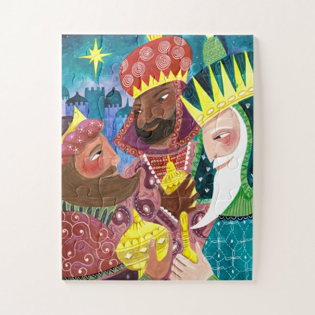 Quebra-cabeça Três Reis Magos modernos com estrela e presentes (Vertical)