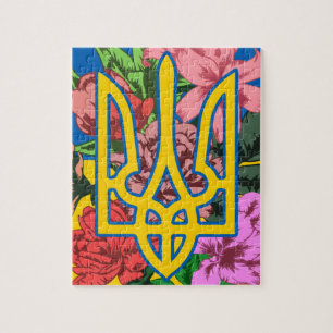 Quebra-cabeça Tridente ucraniano e bandeira da Ucrânia com flore